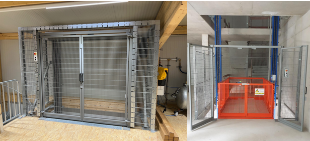 Warentransports mittels einer kettenbetriebenen Säulenliftanlage